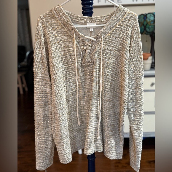 BKE Cream Knit V-Neck Lace Up Raw Edge Sweater with Beige Contrast, XL - Picture 1 of 9
